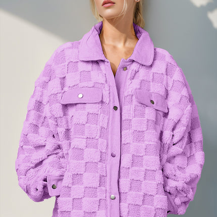 Double Take Button Up Fuzzy Checkered Shacket - Vickie Lynn's