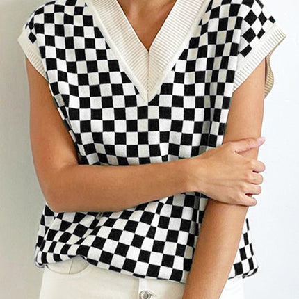 Full Size Checkered V-Neck Cap Sleeve Sweater