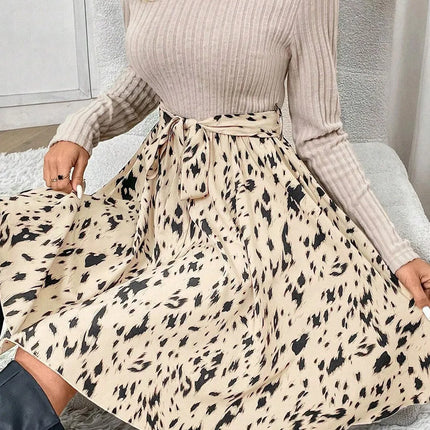 Tied Printed Mock Neck Long Sleeve Dress