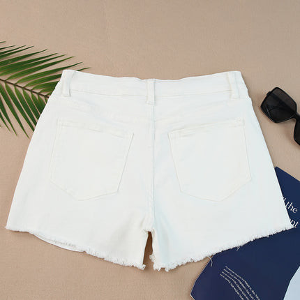 Frayed Hem Distressed Denim Shorts with Pockets