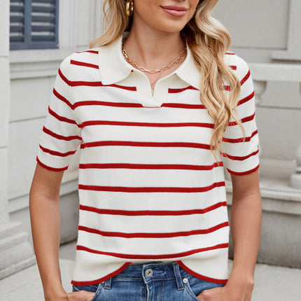 Striped Johnny Collar Short Sleeve Sweater