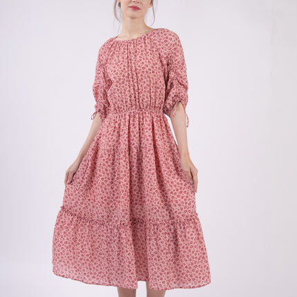 VERY J Floral Round Neck Tiered Midi Dress