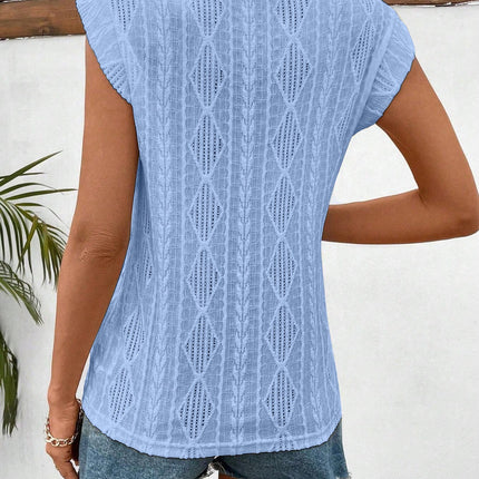 Openwork Round Neck Cap Sleeve Top