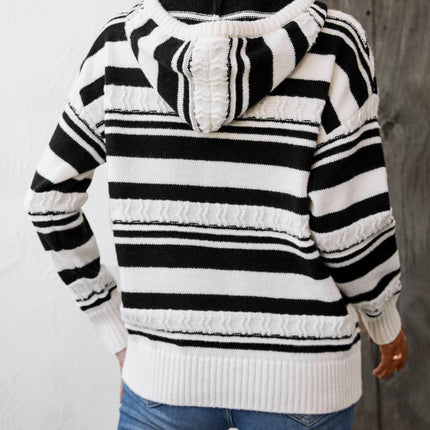 Drawstring Striped Long Sleeve Hooded Sweater