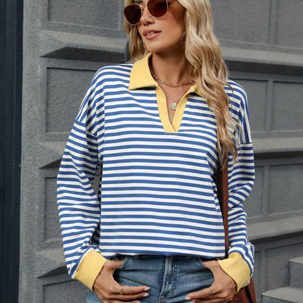 Striped Johnny Collar Long Sleeve Sweatshirt