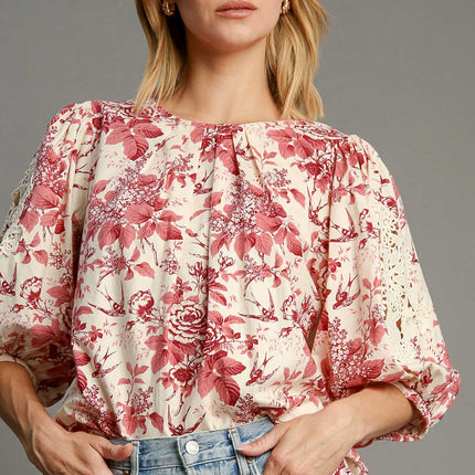 Umgee Floral Pleated Detail Lace Trim Sleeve Blouse