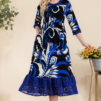 Celeste Full Size Paisley Print Lace Ruffled Midi Dress