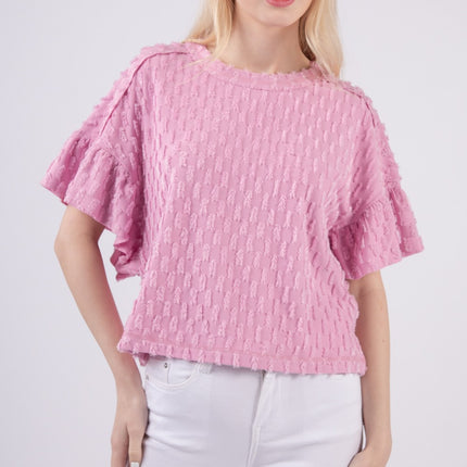 VERY J Full Size Texture Ruffle Short Sleeve Top