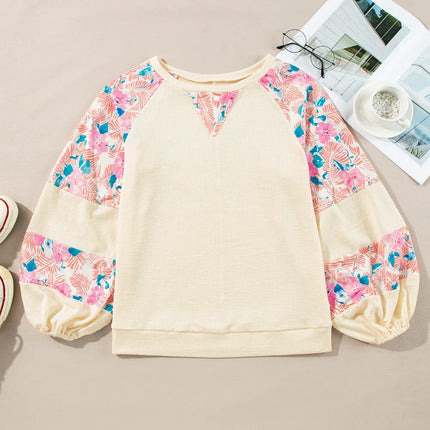 Printed Round Neck Balloon Sleeve Blouse