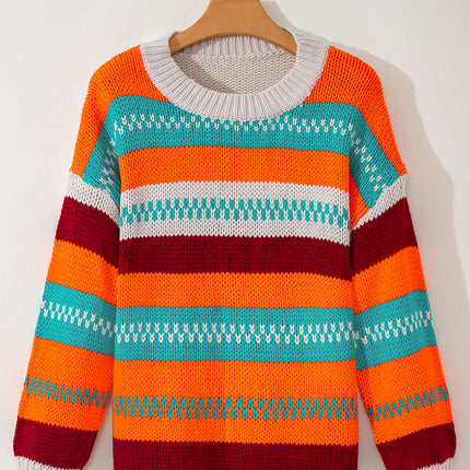 Contrast Striped Round Neck Long Sleeve Sweater