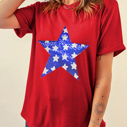 Sequin Star Round Neck Short Sleeve T-Shirt