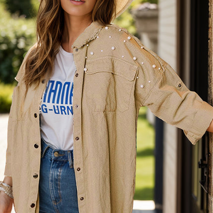 Raw Hem Pearl Trim Dropped Shoulder Denim Jacket - Vickie Lynn's
