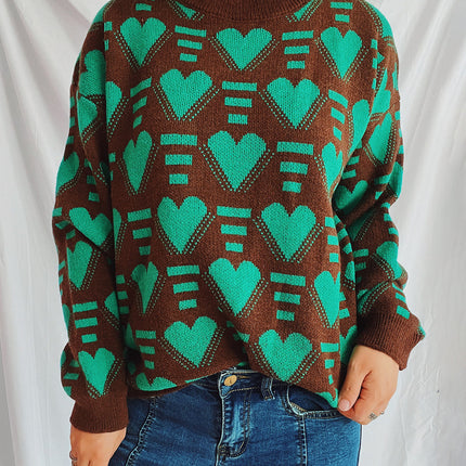 Heart Contrast Long Sleeve Dropped Shoulder Sweater