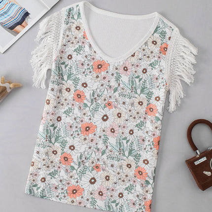 Fringe Printed V-Neck Top