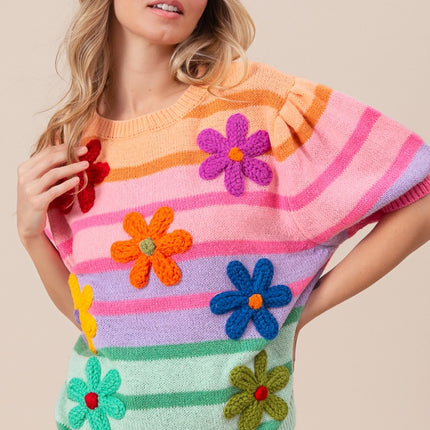 BiBi Flower Patch Puff Sleeve Striped Sweater