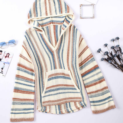 Contrast Striped Dropped Shoulder Hooded Knit Top