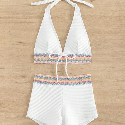 Backless Textured Halter Neck Two-Piece Swim Set