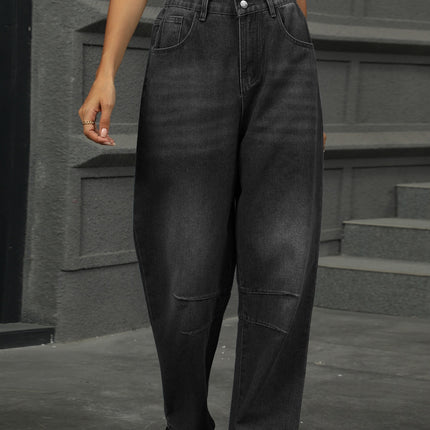 Half Elastic Waist Straight Leg Jeans