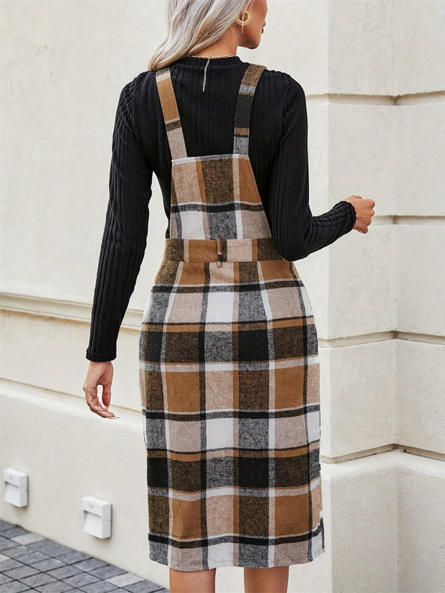 Slit Plaid Wide Strap Overall Dress