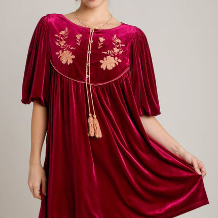 Umgee Embroidered Half Sleeve Velvet Mini Dress with Tassel