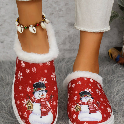 Snowman Print Flat Slippers with Faux Fur