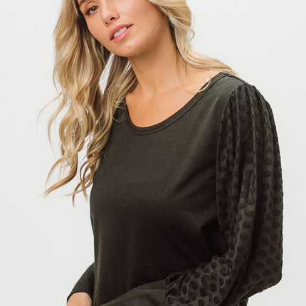 BiBi Round Neck Polka Dot Lantern Sleeve Top