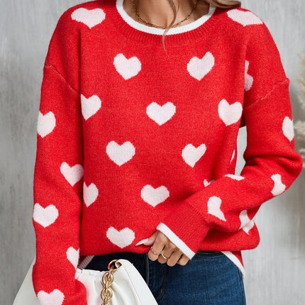 Angel Wings Contrast Trim Heart Round Neck Sweater