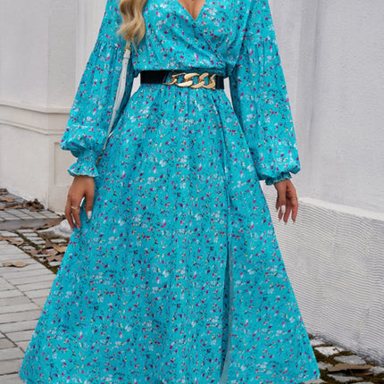 Split Printed Surplice Long Sleeve Midi Dress