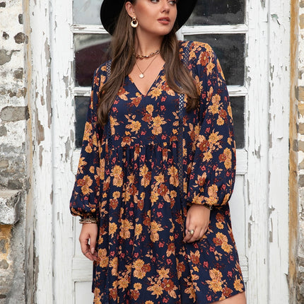 Plus Size Floral V-Neck Balloon Sleeve Dress