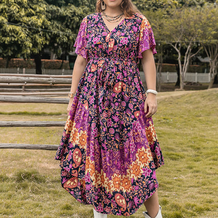 Plus Size Printed V-Neck Flutter Sleeve Midi Dress