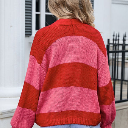 Striped Open Front Dropped Shoulder Cardigan