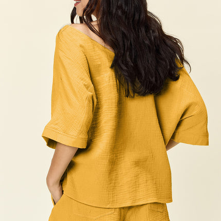 Double Take Texture Half Sleeve T-Shirt and Drawstring Shorts Set - Vickie Lynn's