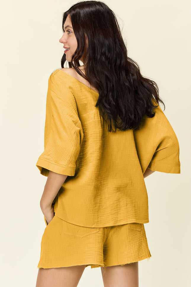 Double Take Texture Half Sleeve T-Shirt and Drawstring Shorts Set - Vickie Lynn's