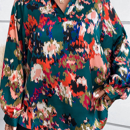 Plus Size Printed Johnny Collar Long Sleeve Blouse