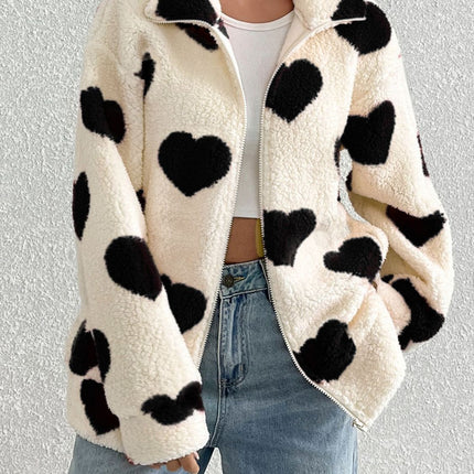 Heart Zip Up Drop Shoulder Furry Jacket