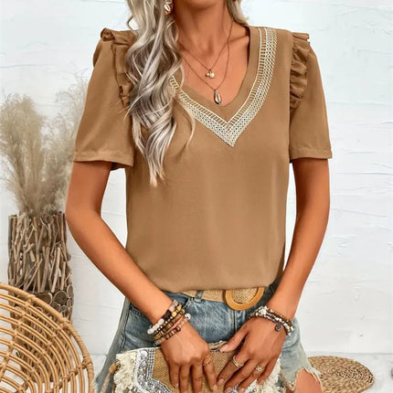 Ruffled V-Neck Short Sleeve Blouse