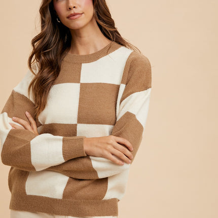 Annie Wear Checkered Round Neck Dropped Shoulder Sweater