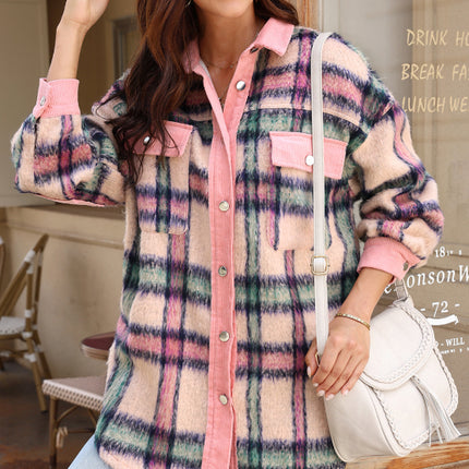 Fuzzy Plaid Corduroy Patchwork Shacket