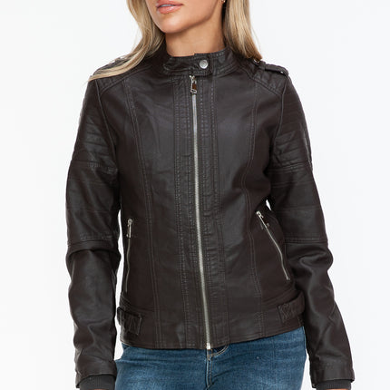 Snobbish PU Leather Biker Jacket with Side Zip Pockets