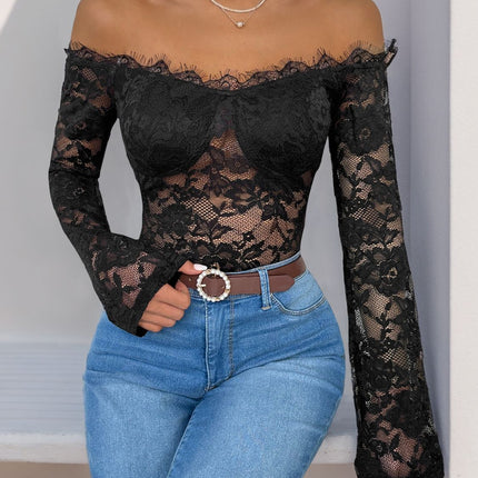 Perfee Lace Off-Shoulder Long Sleeve Bodysuit