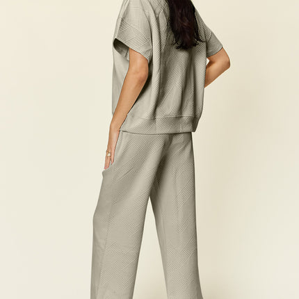 Double Take Full Size Texture Half Zip Short Sleeve Top and Pants Set - Vickie Lynn's