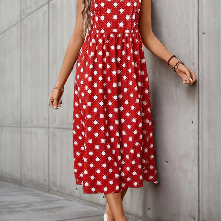 Printed V-Neck Sleeveless Midi Dress