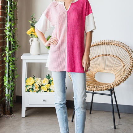 Heimish Full Size Contrast Waffle-Knit Half Sleeve Blouse