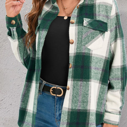 Full Size Pocketed Plaid Collared Neck Shacket