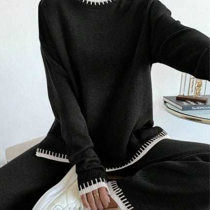 Side Slit Contrast Trim Round Neck Top and Pants Sweater Set