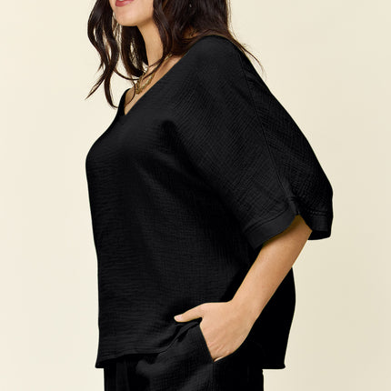 Double Take Texture Half Sleeve T-Shirt and Drawstring Shorts Set - Vickie Lynn's