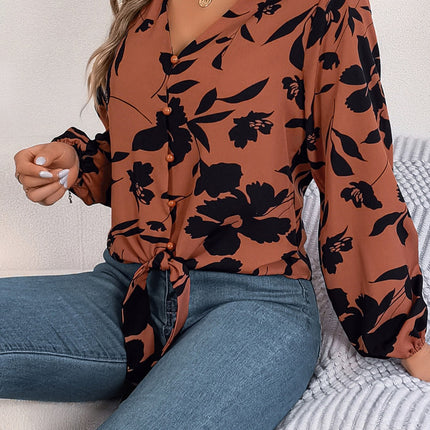 Printed V-Neck Long Sleeve Blouse