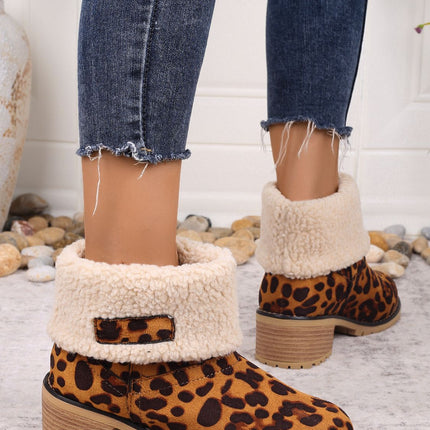 Leopard Block Heel Fuzzy Boots