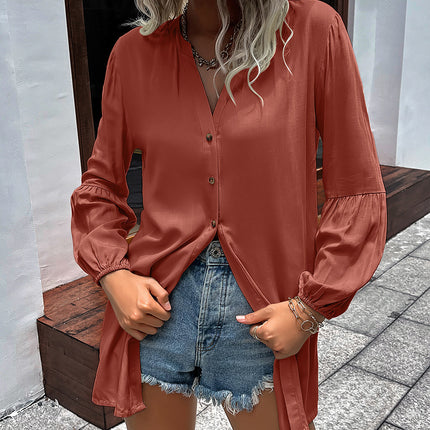 Double Take Notched Neck Balloon Sleeve Shirt