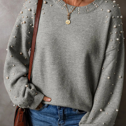 Pearl Detail Round Neck Long Sleeve Sweater